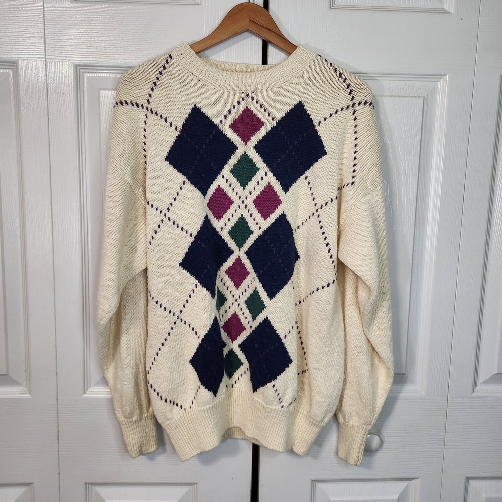 Brian MacNeil Vintage Argyle Hand Loomed Ramie Cotton Sweater Mens Medium Cream